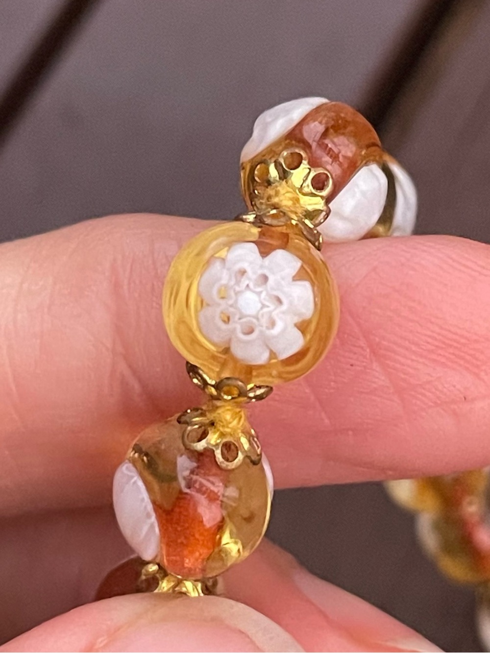 Vintage Murano Fiorato Wedding Cake Art Glass Bead Necklace Yellow Amber 18”